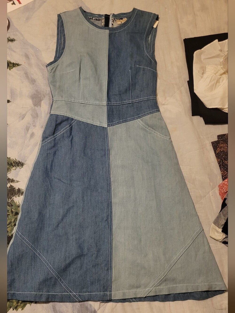 HOLDING HORSES Two-Tone Denim Midi Dress in Light and Dark Blue